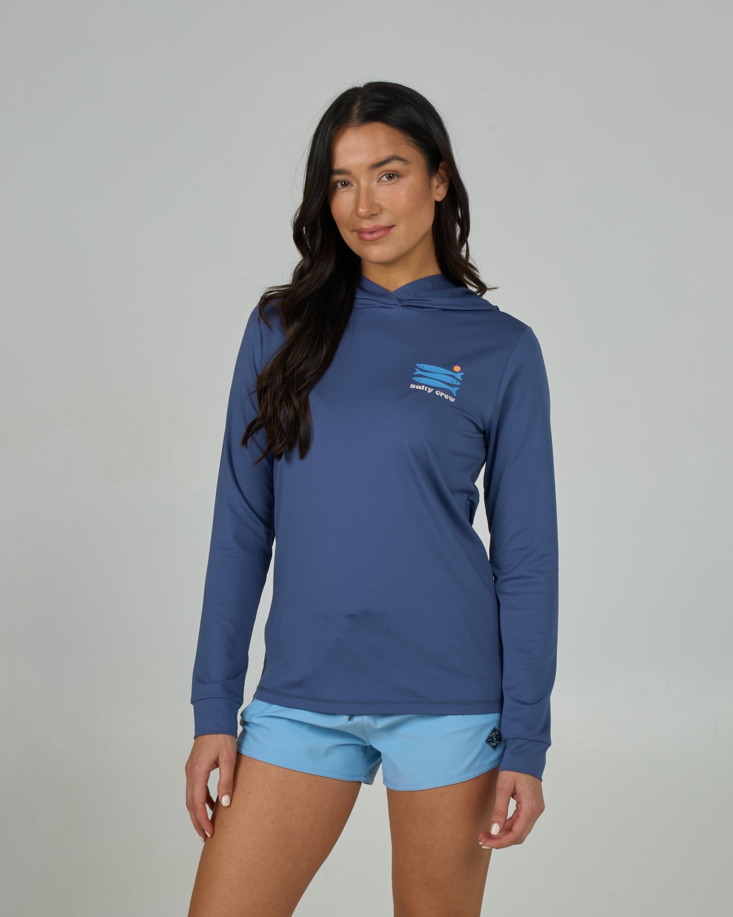 Front view of the Small Bite Hood Sunshirt - Indigo. 