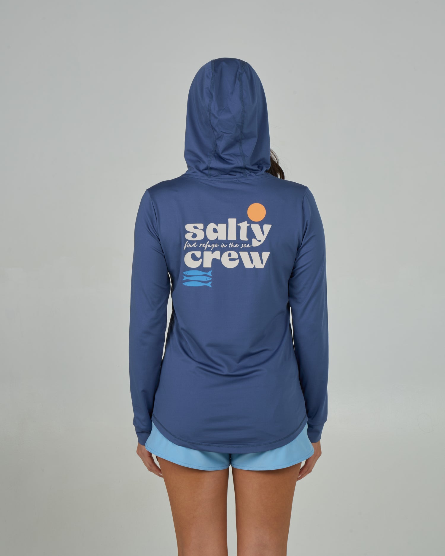 Back view of the Small Bite Hood Sunshirt - Indigo. 
