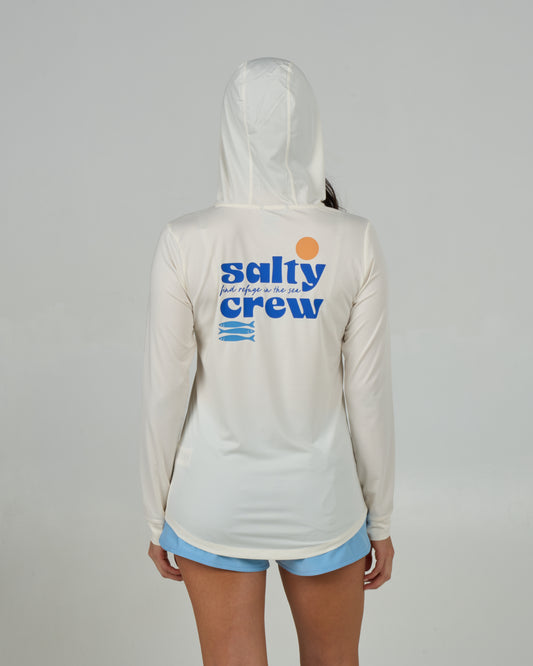 Back view of the Small Bite Hood Sunshirt - Off White. 