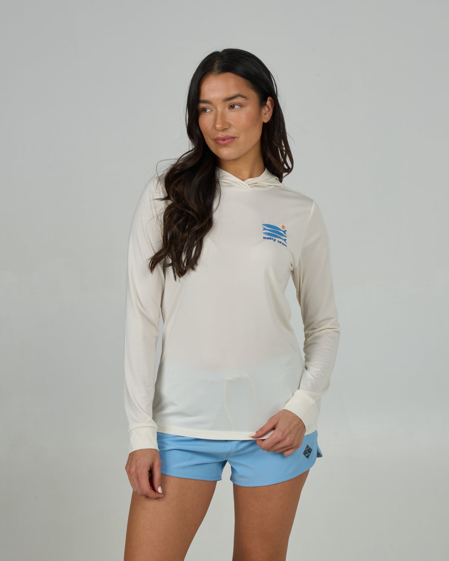 Front view of the Small Bite Hood Sunshirt - Off White. 