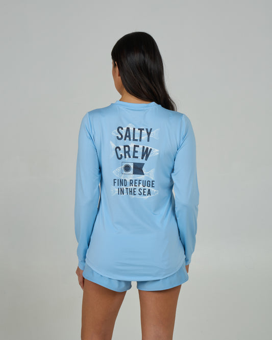 Back view of the Fish Finder Sun Shirt - Sky Blue. 
