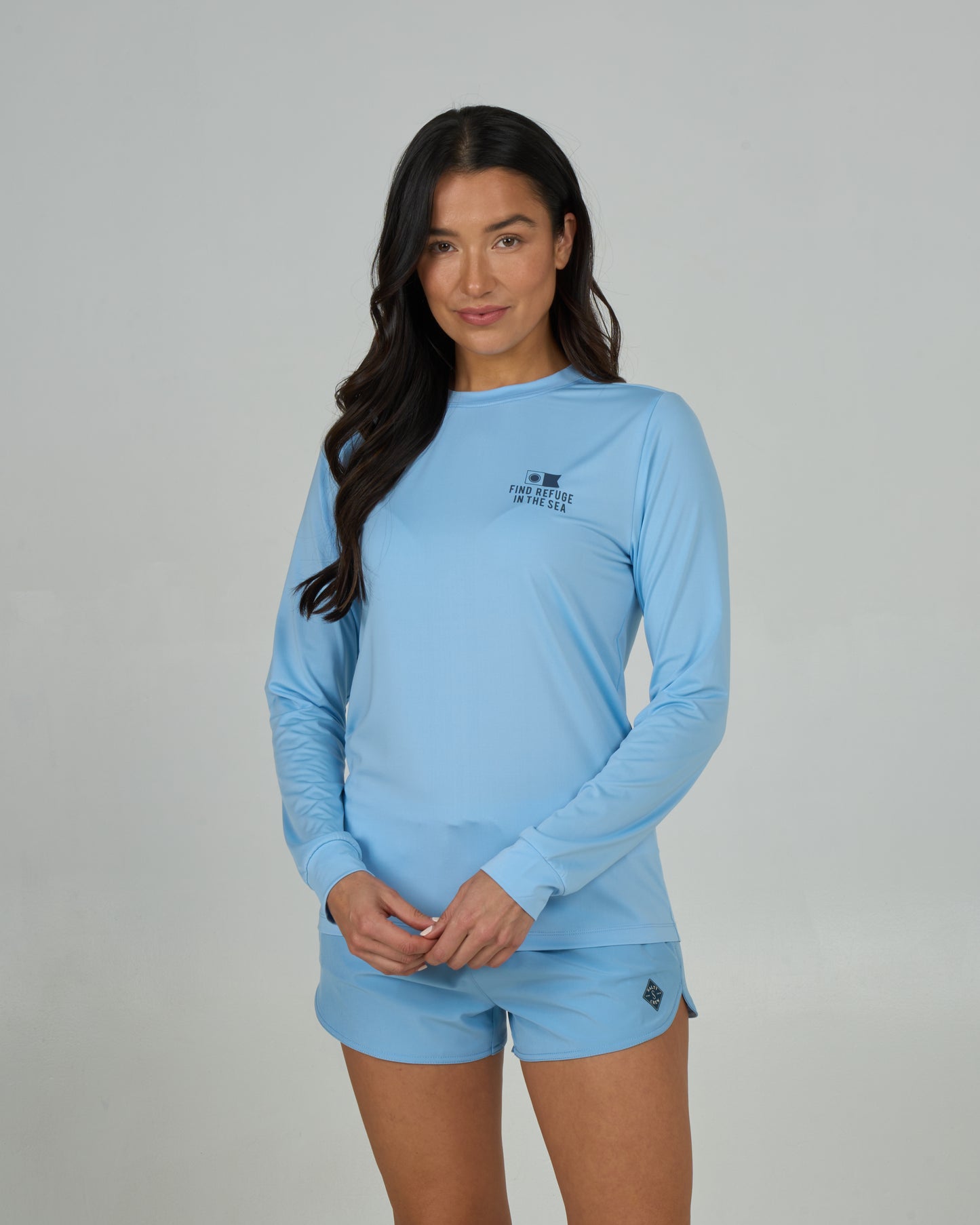 Front view of the Fish Finder Sun Shirt - Sky Blue. 