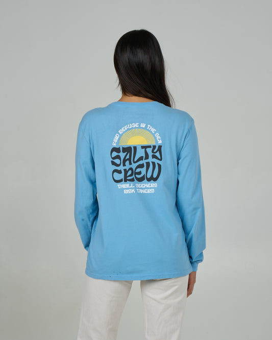 Back view of the Sunrise Long Sleeve Boyfriend Tee - Marine Blue. 
