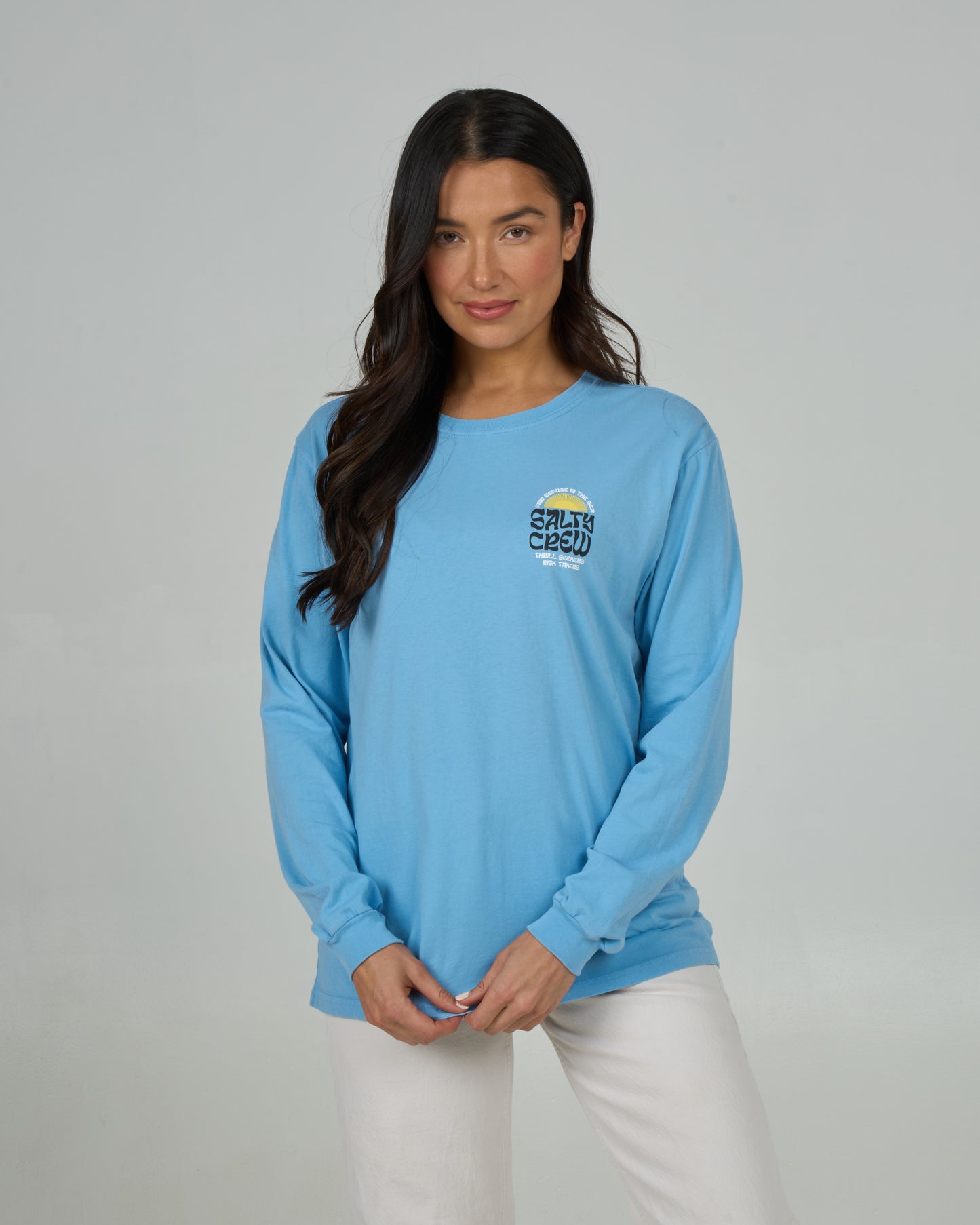 Front view of the Sunrise Long Sleeve Boyfriend Tee - Marine Blue. 