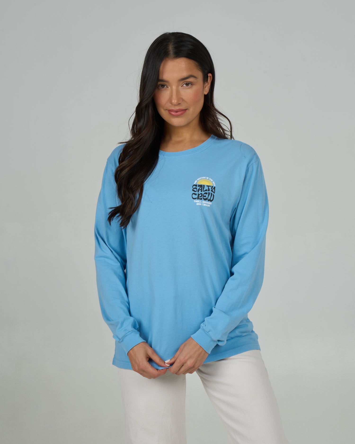 Front view of the Sunrise Long Sleeve Boyfriend Tee - Marine Blue. 