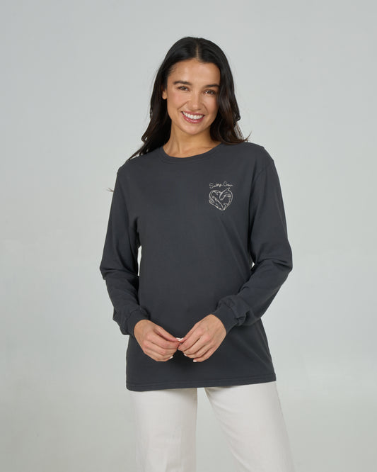 Front view of the Heart Shark Long Sleeve Boyfriend Tee - Charcoal. 