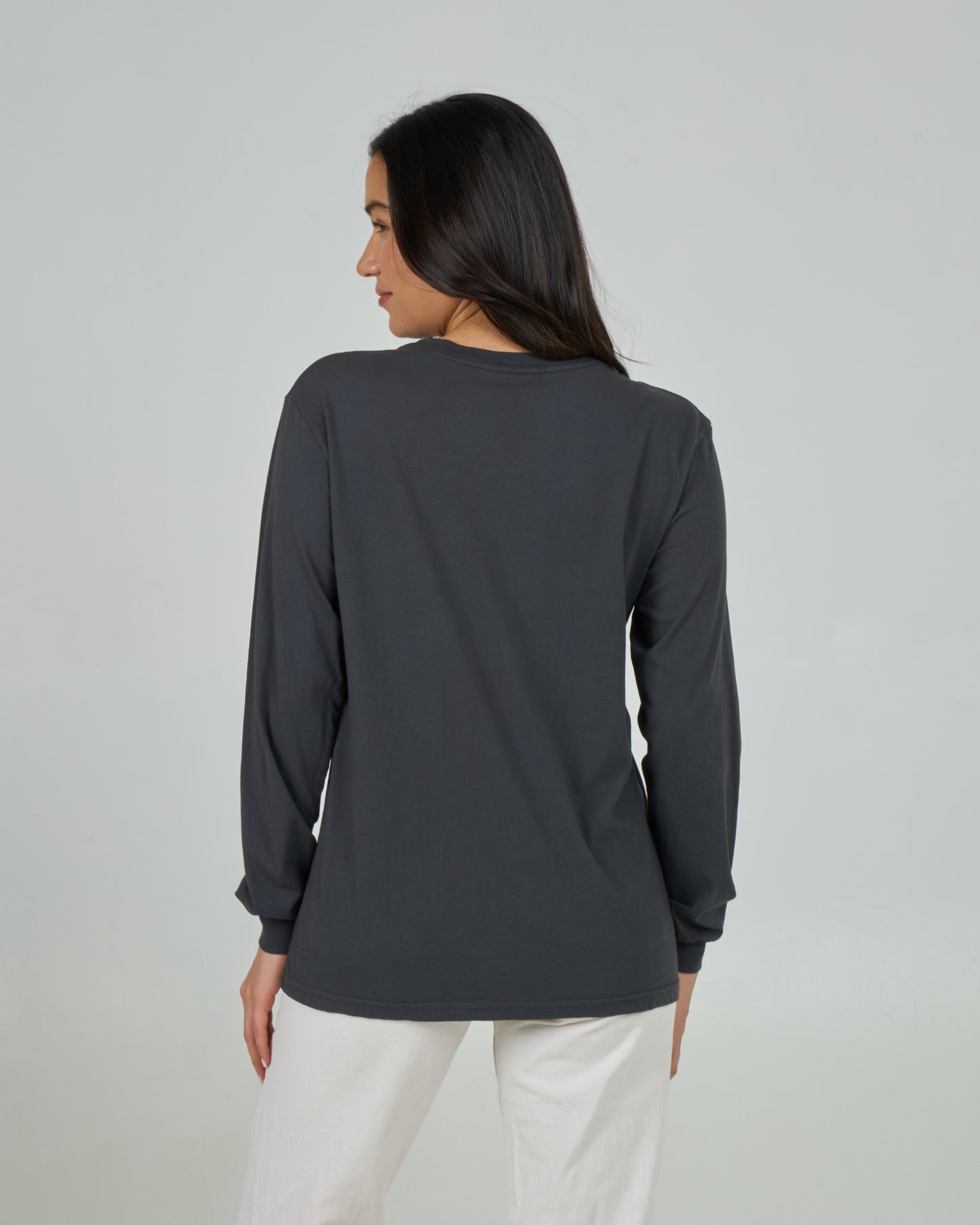 Back view of the Heart Shark Long Sleeve Boyfriend Tee - Charcoal. 