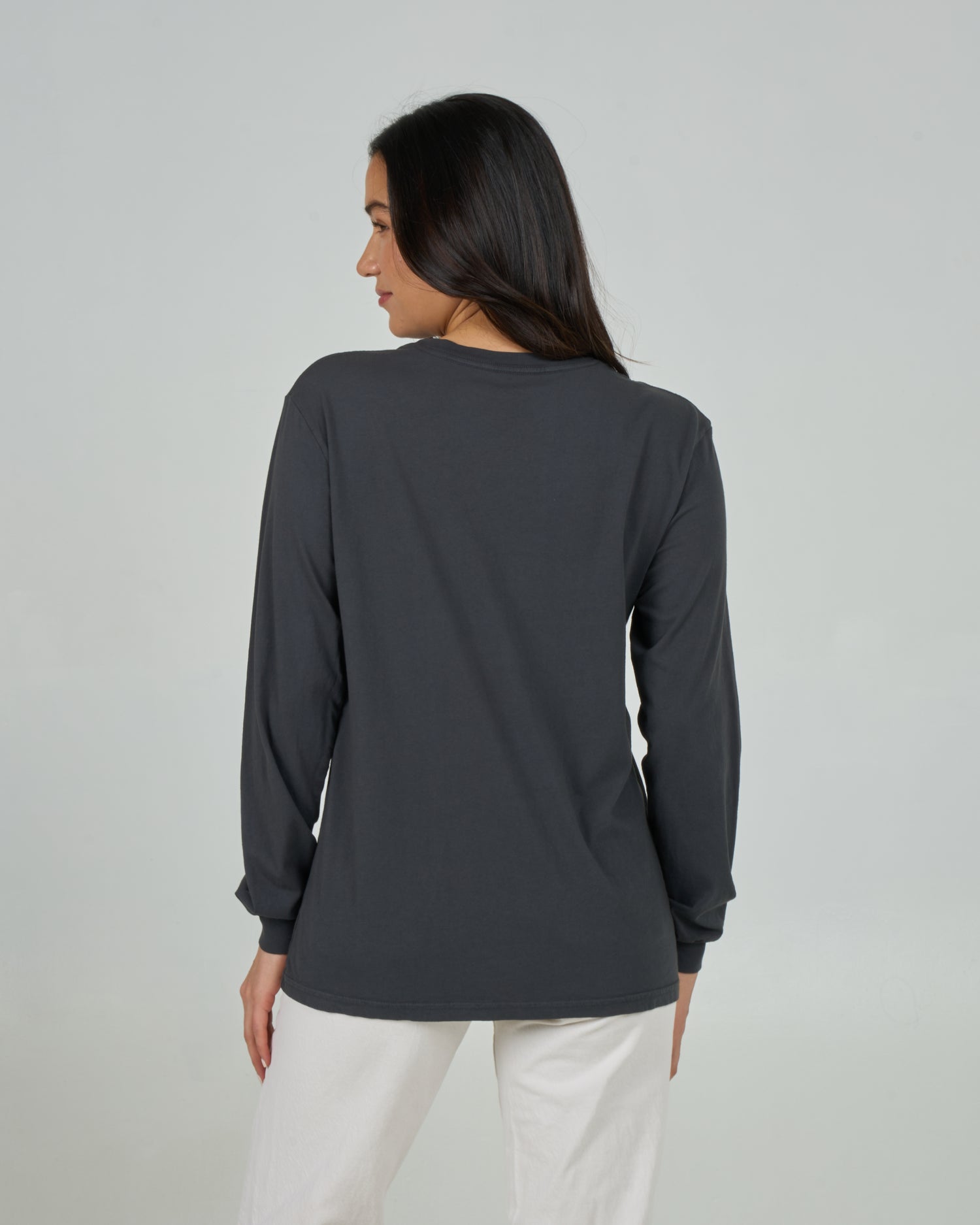 Back view of the Heart Shark Long Sleeve Boyfriend Tee - Charcoal. 