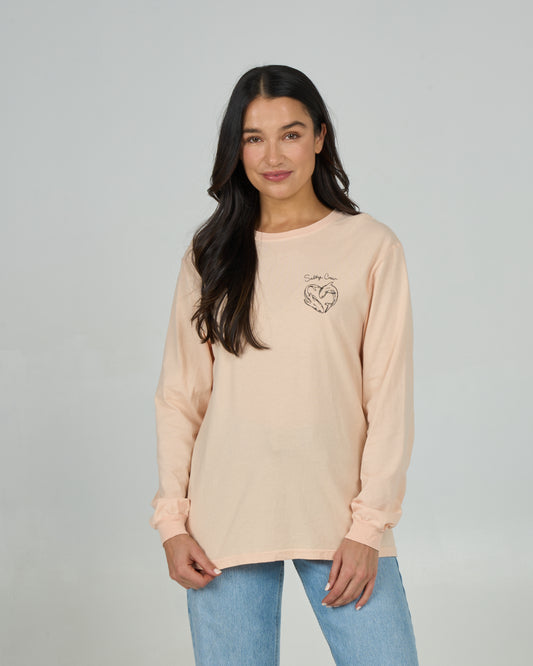 Front view of the Heart Shark Long Sleeve Boyfriend Tee - Peach Fizz. 