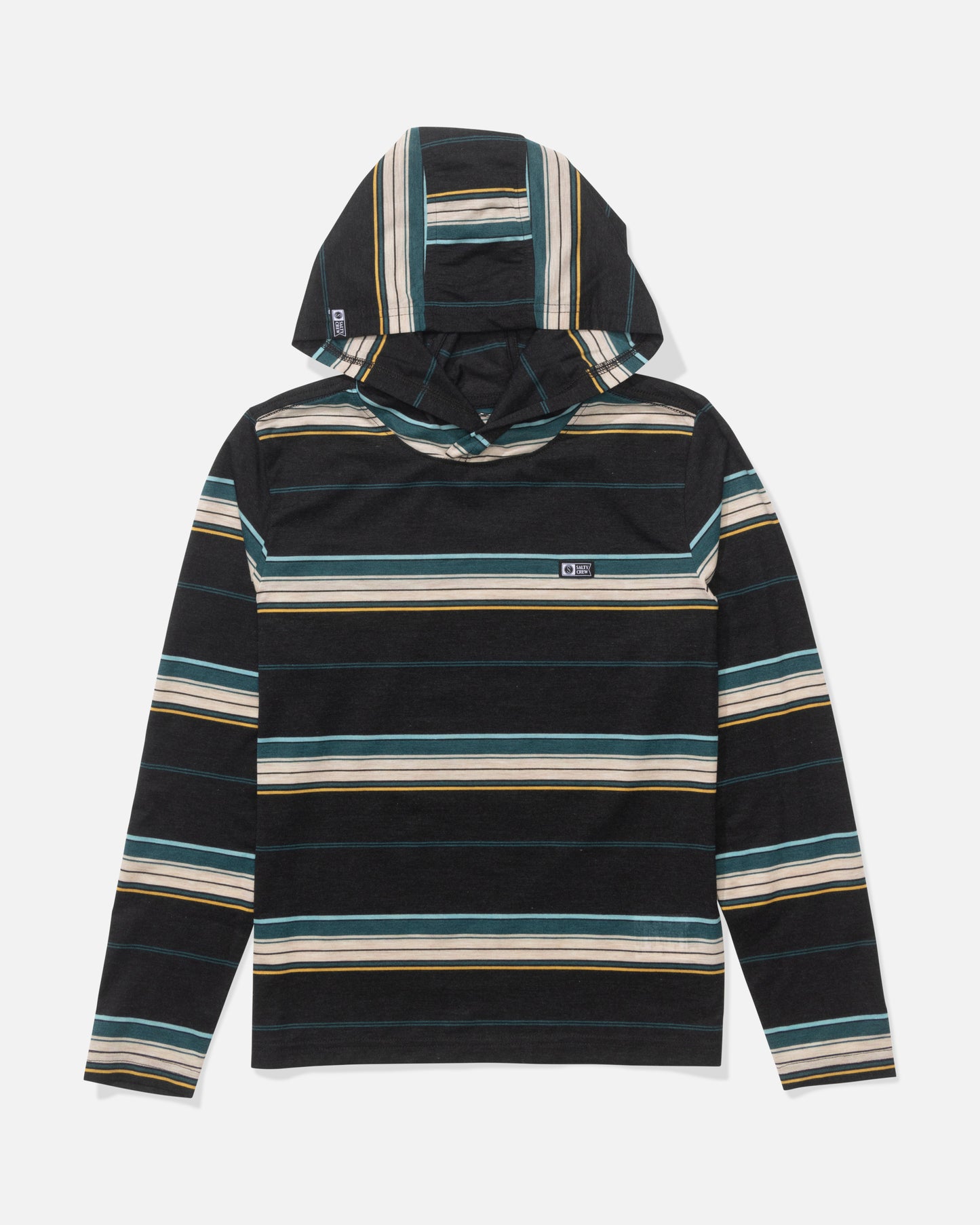 The Salty Crew Seaway Boys UV Hoodie in black features teal, white, and yellow horizontal stripes on technical knit fabric with UPF 50+ protection, shown laid flat on a white surface.