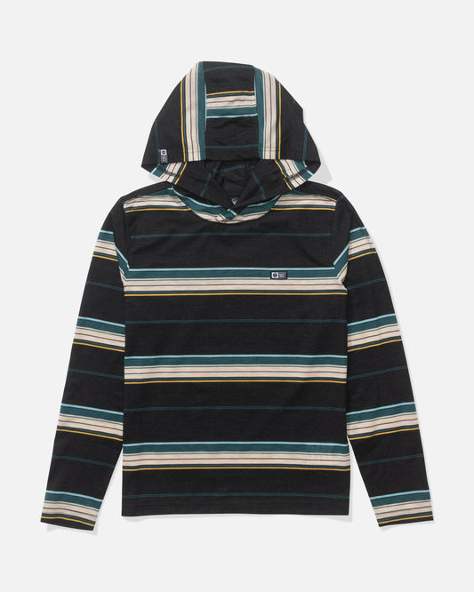 The Salty Crew Seaway Boys UV Hoodie in black features teal, white, and yellow horizontal stripes on technical knit fabric with UPF 50+ protection, shown laid flat on a white surface.