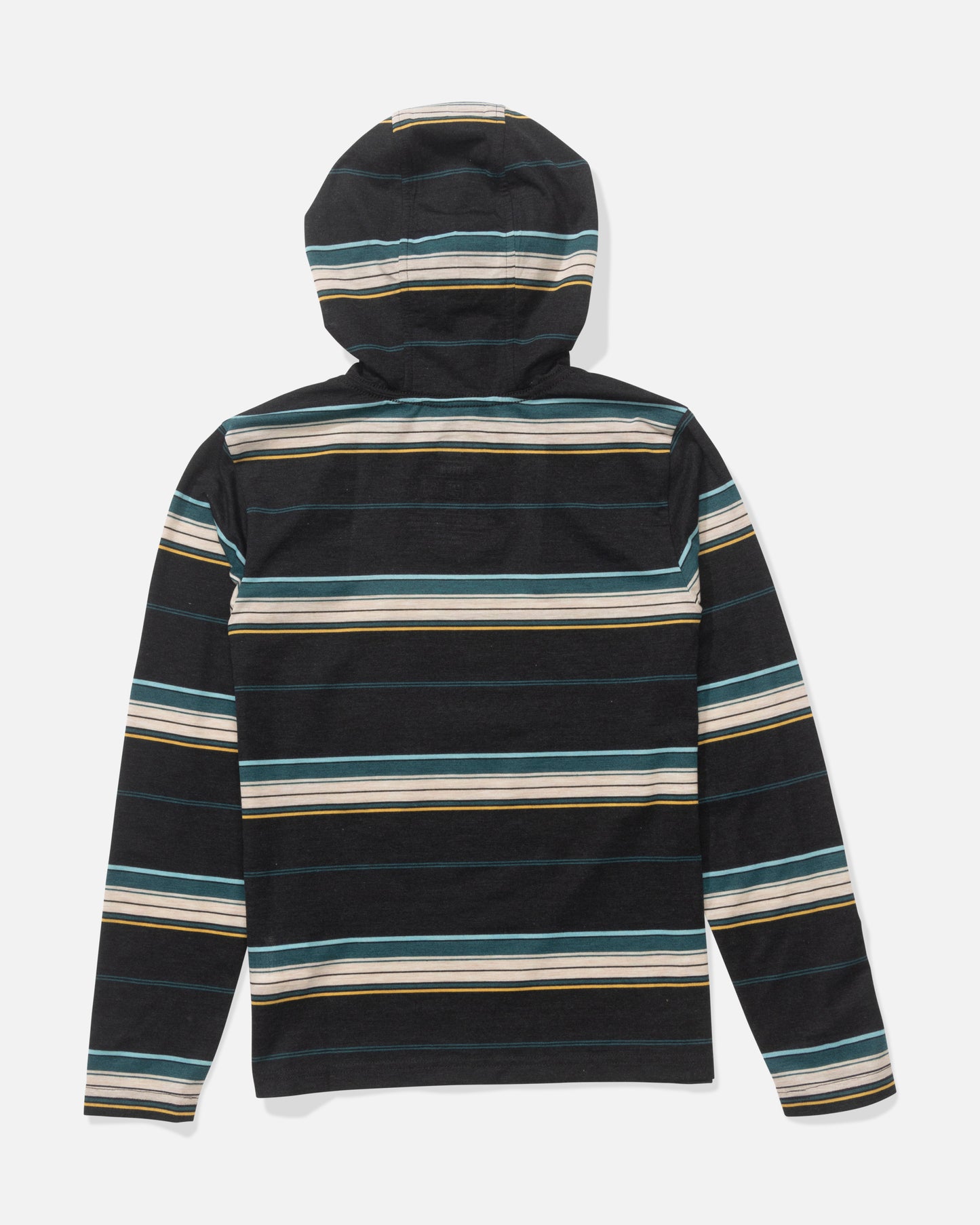 The Salty Crew Seaway Boys UV Hoodie in black features a technical knit with white, teal, and tan horizontal stripes, moisture-wicking fabric, and long sleeves. Shown from the back.