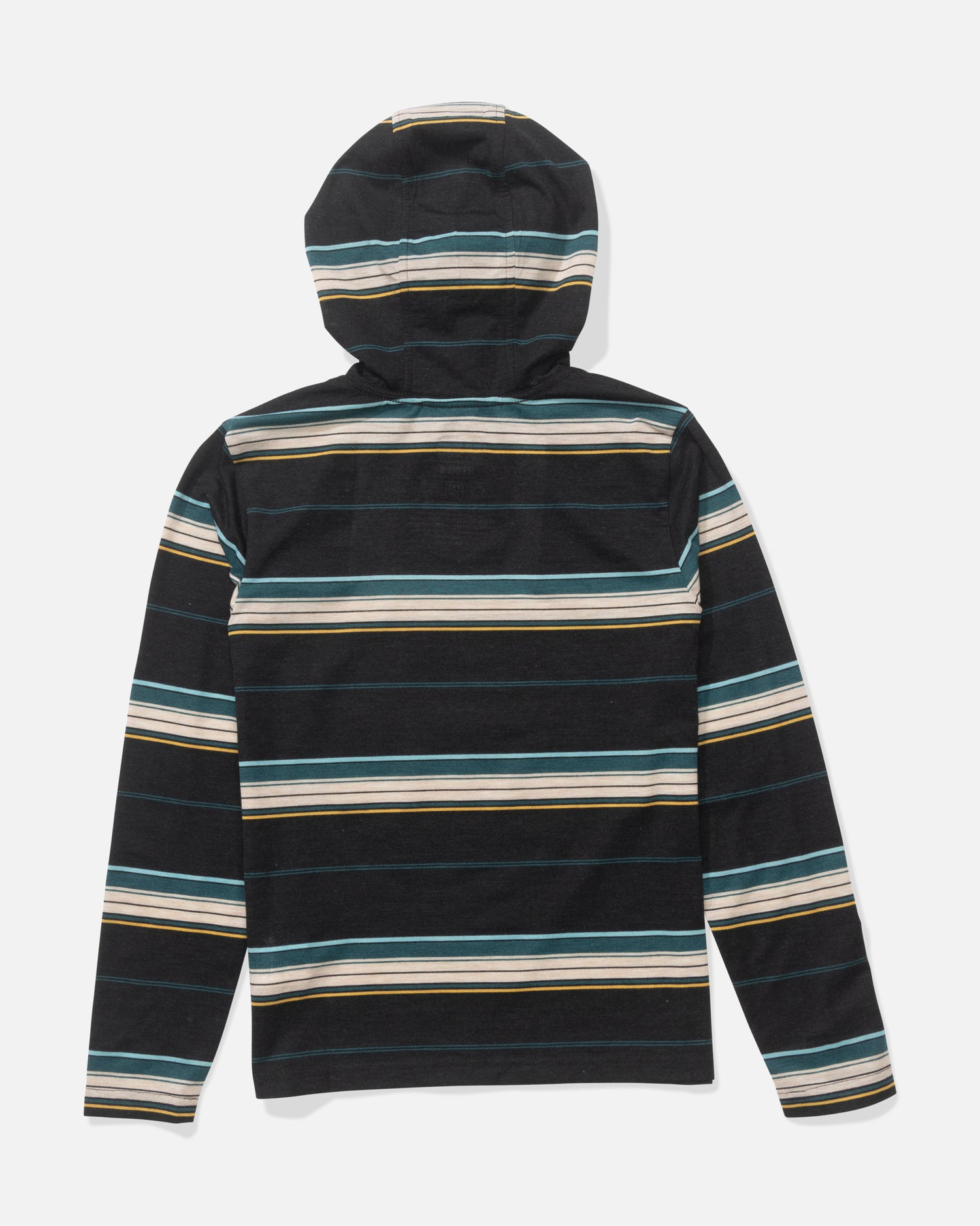 The Salty Crew Seaway Boys UV Hoodie in black features a technical knit with white, teal, and tan horizontal stripes, moisture-wicking fabric, and long sleeves. Shown from the back.