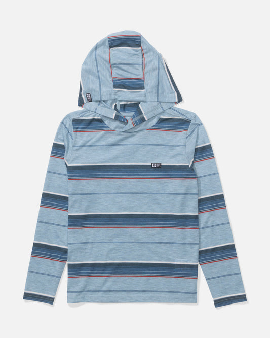 The Salty Crew Seaway Boys UV Hoodie in Mineral Blue features dark blue, navy, and thin red horizontal stripes, a small rectangular patch on the left chest, and is made from technical knit fabric for moisture wicking. Shown laid flat on a white background.