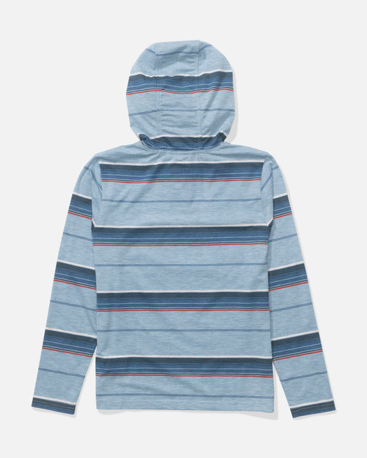 The Salty Crew Seaway Boys UV Hoodie in Mineral Blue features long sleeves, a hood, blue horizontal stripes with thin red lines, and technical knit fabric offering moisture wicking and UPF 50+ protection, shown from the back on a white background.