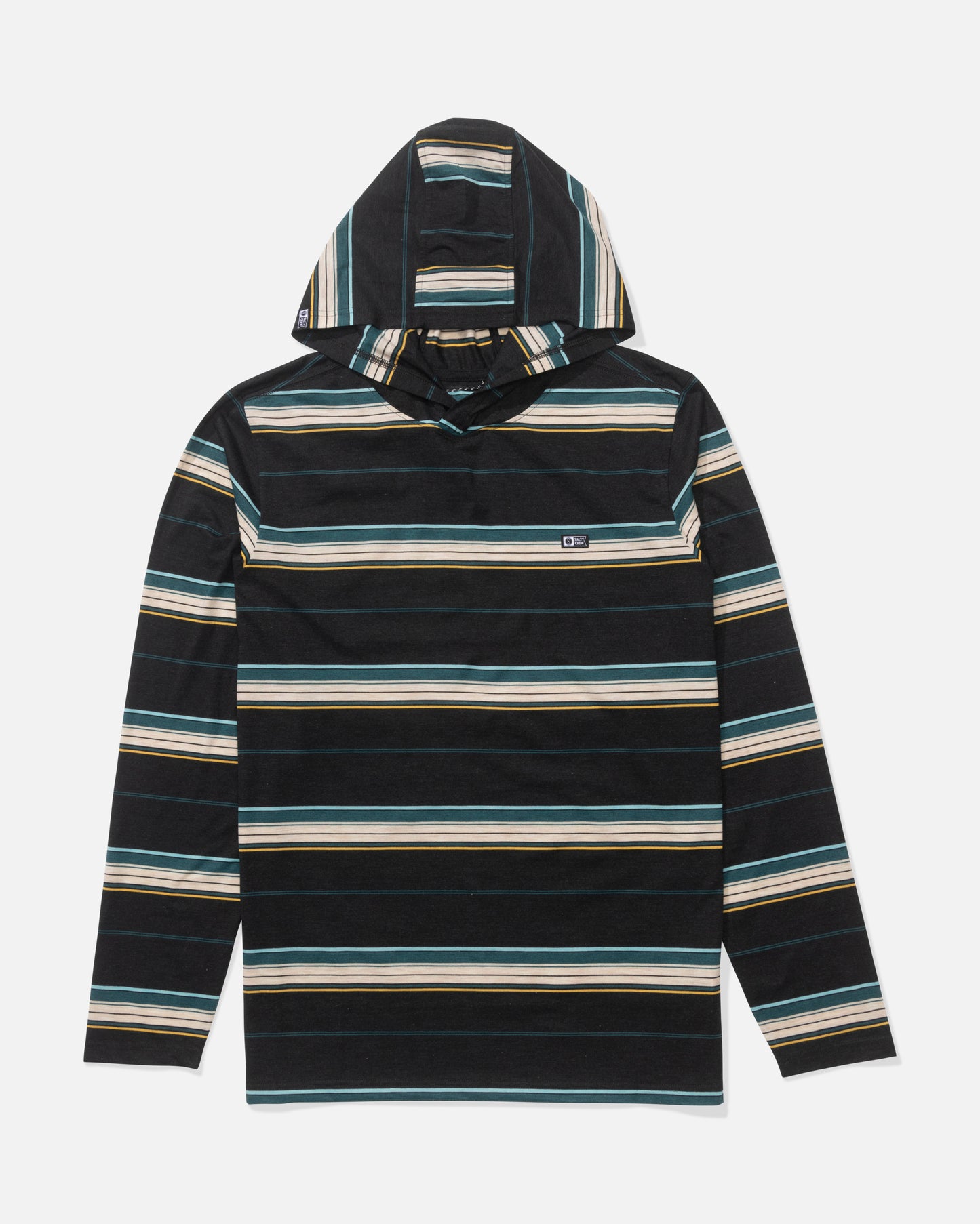 The Salty Crew Seaway UV Hoodie in Black features technical knit fabric with teal, yellow, white, and beige stripes, a long-sleeve hooded design, and UPF 50+ sun protection, shown laid flat on a white surface.