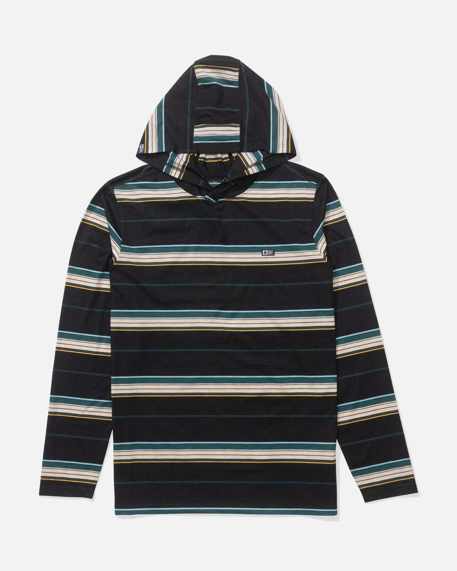 The Salty Crew Seaway UV Hoodie in Black features technical knit fabric with teal, yellow, white, and beige stripes, a long-sleeve hooded design, and UPF 50+ sun protection, shown laid flat on a white surface.