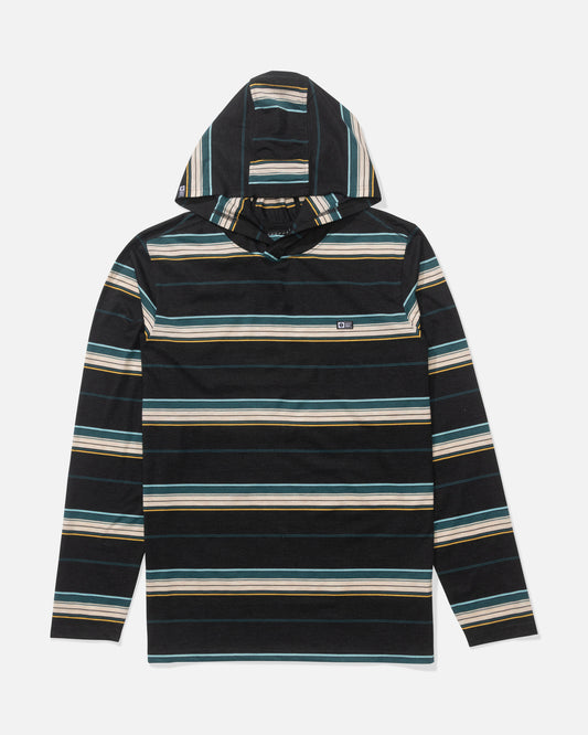 The Salty Crew Seaway UV Hoodie in Black features technical knit fabric with teal, yellow, white, and beige stripes, a long-sleeve hooded design, and UPF 50+ sun protection, shown laid flat on a white surface.