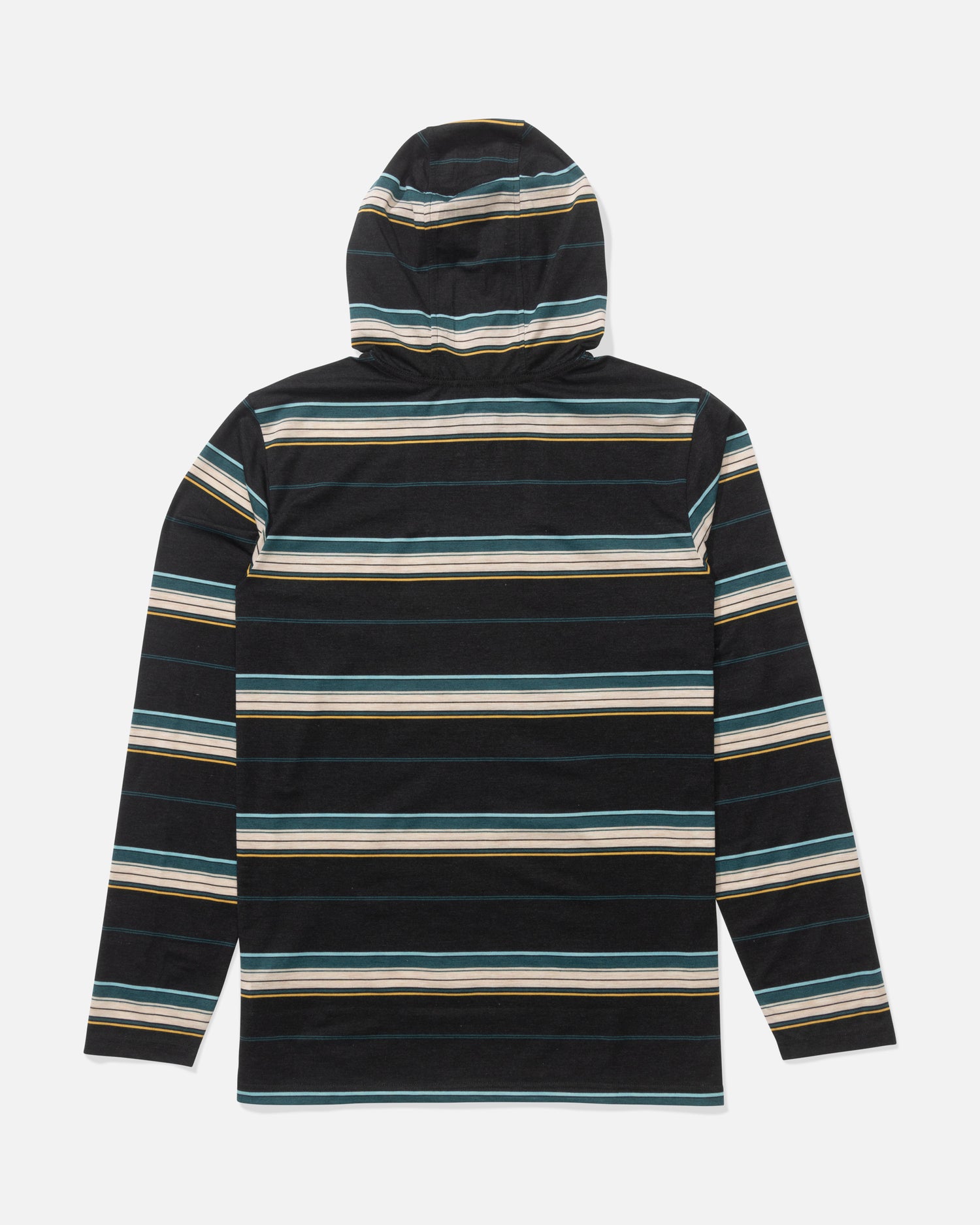 The Salty Crew Seaway UV Hoodie - Black is a long-sleeve hooded shirt made from technical knit with black, teal, white, and beige stripes. It offers moisture-wicking comfort and UPF 50+ sun protection. Shown laid flat with the hood up and sleeves extended.