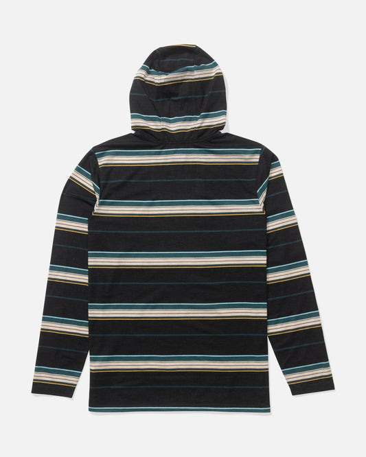 The Salty Crew Seaway UV Hoodie in Black features long sleeves, horizontal stripes in teal, white, and beige, and is crafted from technical knit fabric with UPF 50+ sun protection. Shown laid flat with the back facing up.