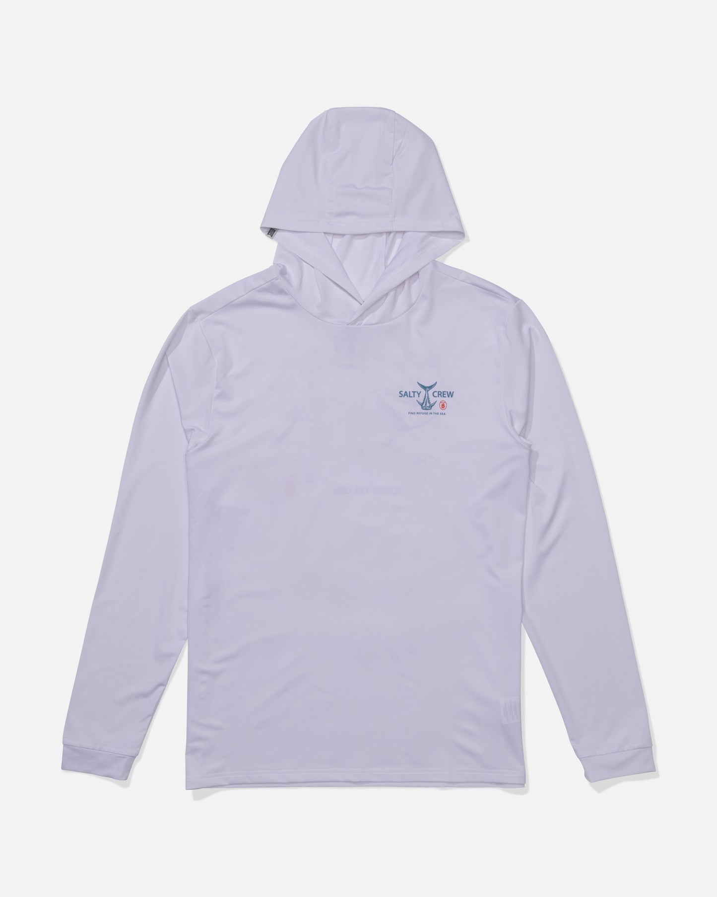 The Salty Crew Fish Market Hood Sunshirt in white is a light purple, long-sleeve hooded shirt with UPF 50+ protection and a small fish graphic logo on the left chest, shown against a plain white background.