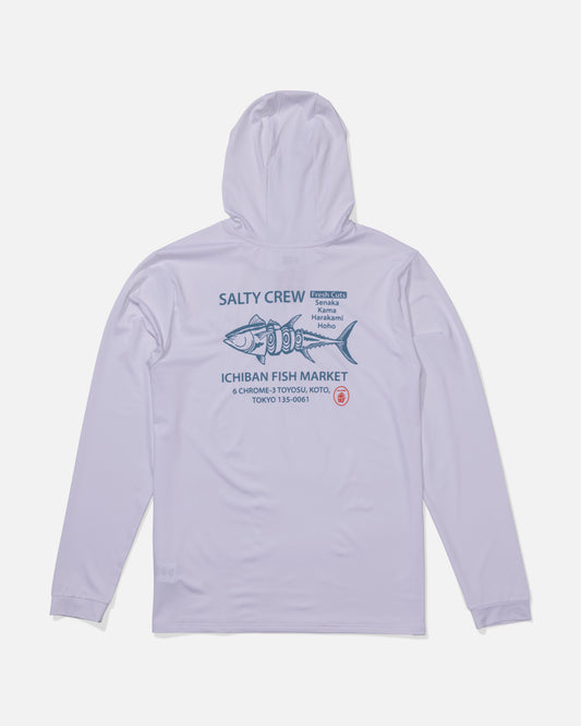 The Salty Crew Fish Market Hood Sunshirt in white features a blue fish graphic, "SALTY CREW" text, and English and Japanese details on the back. Provides UPF 50+ sun protection for lasting comfort.