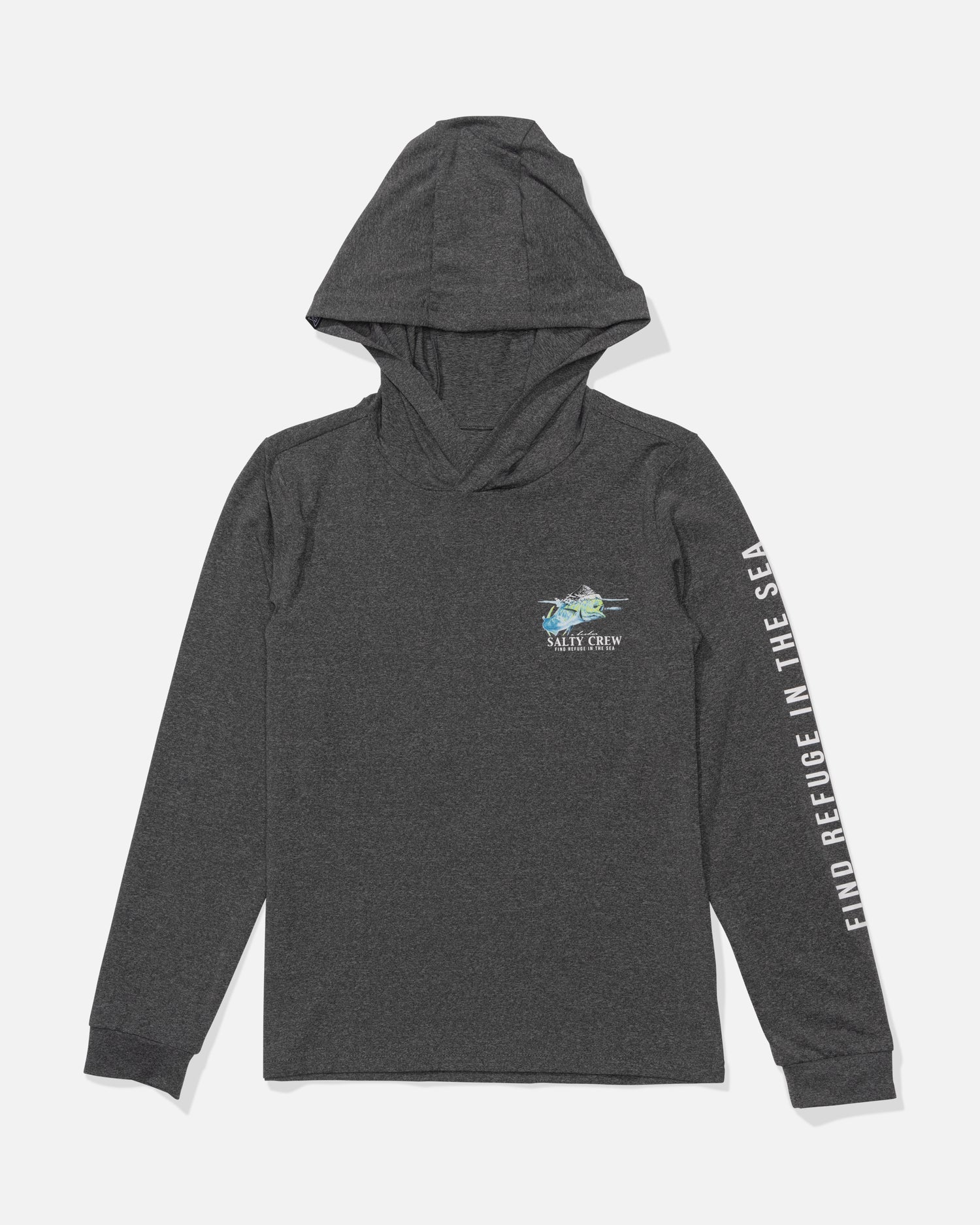 The Salty Crew Surface Boys Hood Sunshirt in Charcoal Heather features a small fish graphic and Salt Crew logo on the chest, FIND REFUGE IN THE SEA text on the sleeve, and provides UPF 50+ sun protection for outdoor comfort.