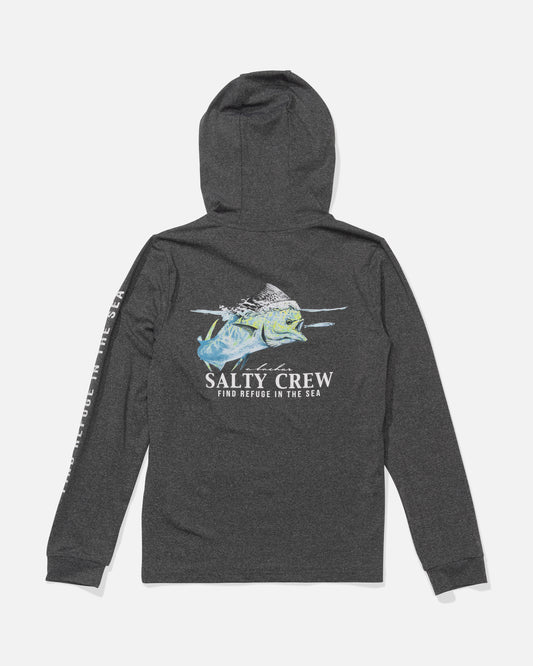 The Salty Crew Surface Boys Hood Sunshirt in Charcoal Heather features a colorful fish graphic and "Find Refuge In The Sea" on the back, white sleeve text, and provides UPF 50+ sun protection.