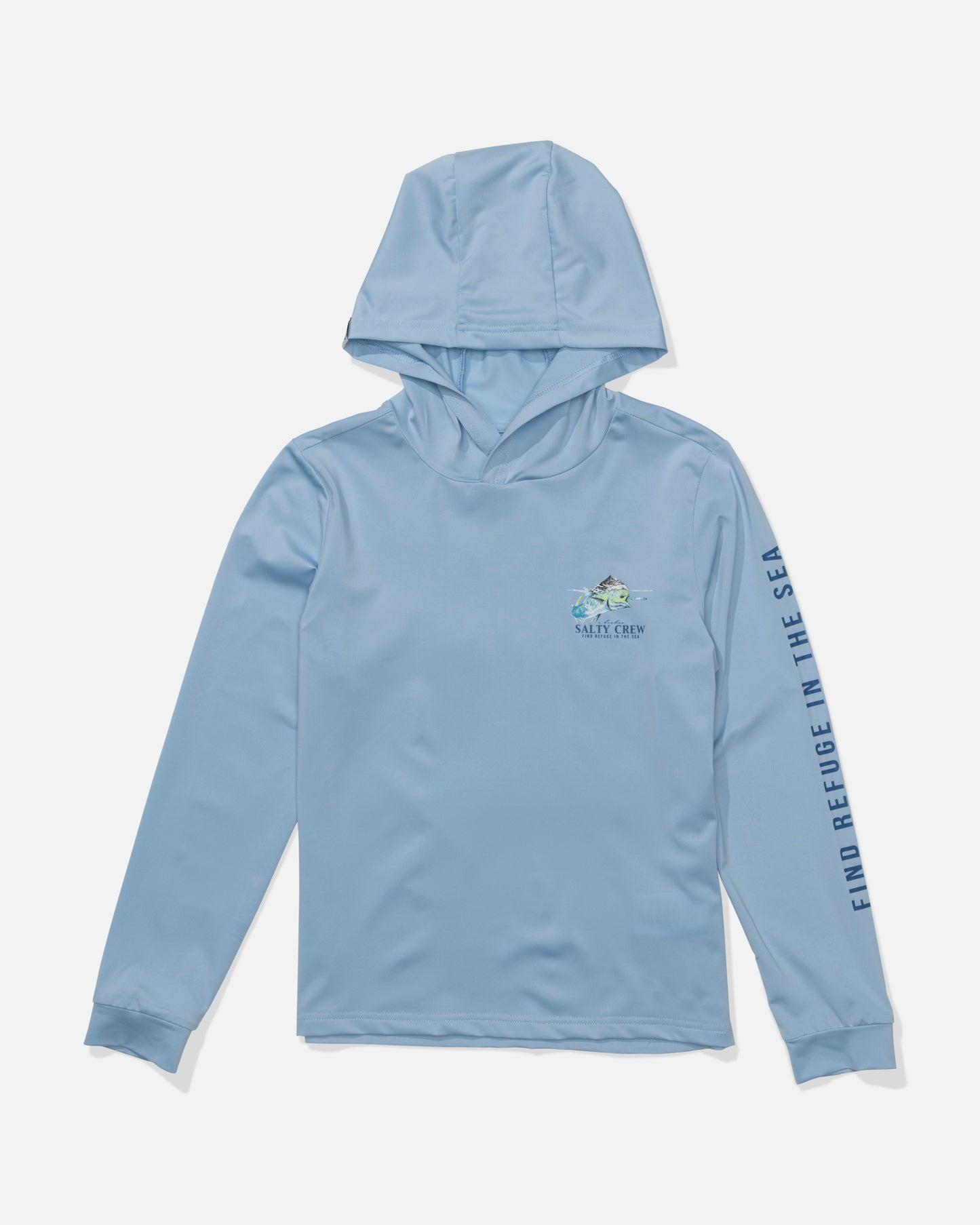 The Salty Crew Surface Boys Hood Sunshirt - Clear Sky features a sea turtle and waves graphic, "FIND REFUGE IN THE SEA" on the sleeve, and offers UPF 50+ sun protection—perfect for outdoor adventures.