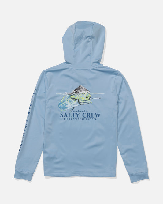 The Salty Crew Surface Boys Hood Sunshirt in Clear Sky is a light blue UPF 50+ top with a fish and mountain graphic above "SALTY CREW FIND REFUGE IN THE SEA" on the back, plus navy Salty Crew text down the right sleeve.