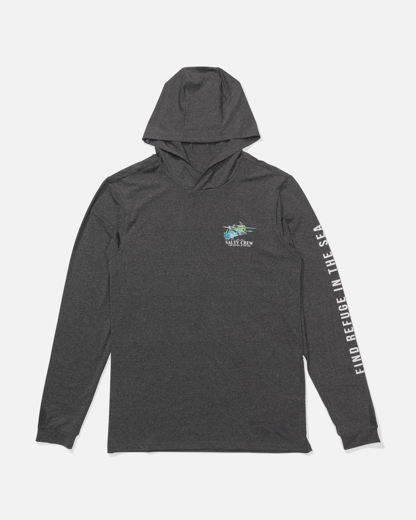 The Salty Crew Surface Hood Sunshirt in Charcoal Heather offers UPF 50+ protection, features a fish graphic with Salt Crew text on the chest, and "END REFUGE IN THE SEA" boldly printed on the right sleeve.