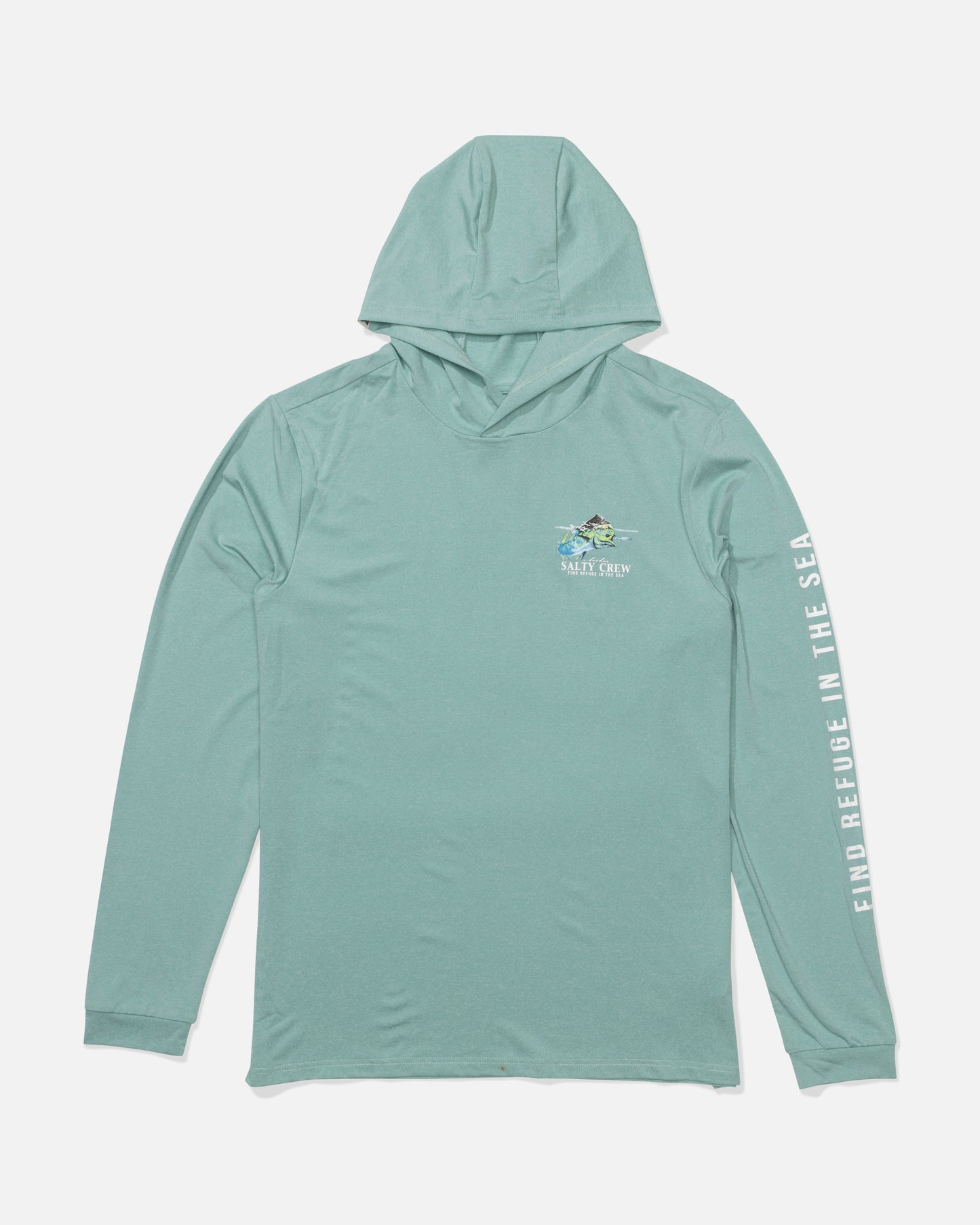 Stay stylish by the water in the Salty Crew Surface Hood Sunshirt - Seaside Heather, featuring a small sea turtle and Salt Crew text on the chest, "FIND REFUGE IN THE SEA" on the sleeve, and UPF 50+ sun protection.