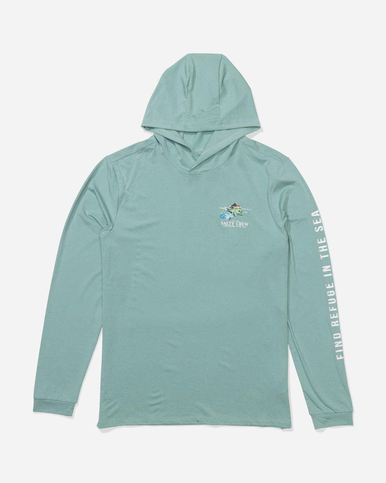 Stay stylish by the water in the Salty Crew Surface Hood Sunshirt - Seaside Heather, featuring a small sea turtle and Salt Crew text on the chest, "FIND REFUGE IN THE SEA" on the sleeve, and UPF 50+ sun protection.