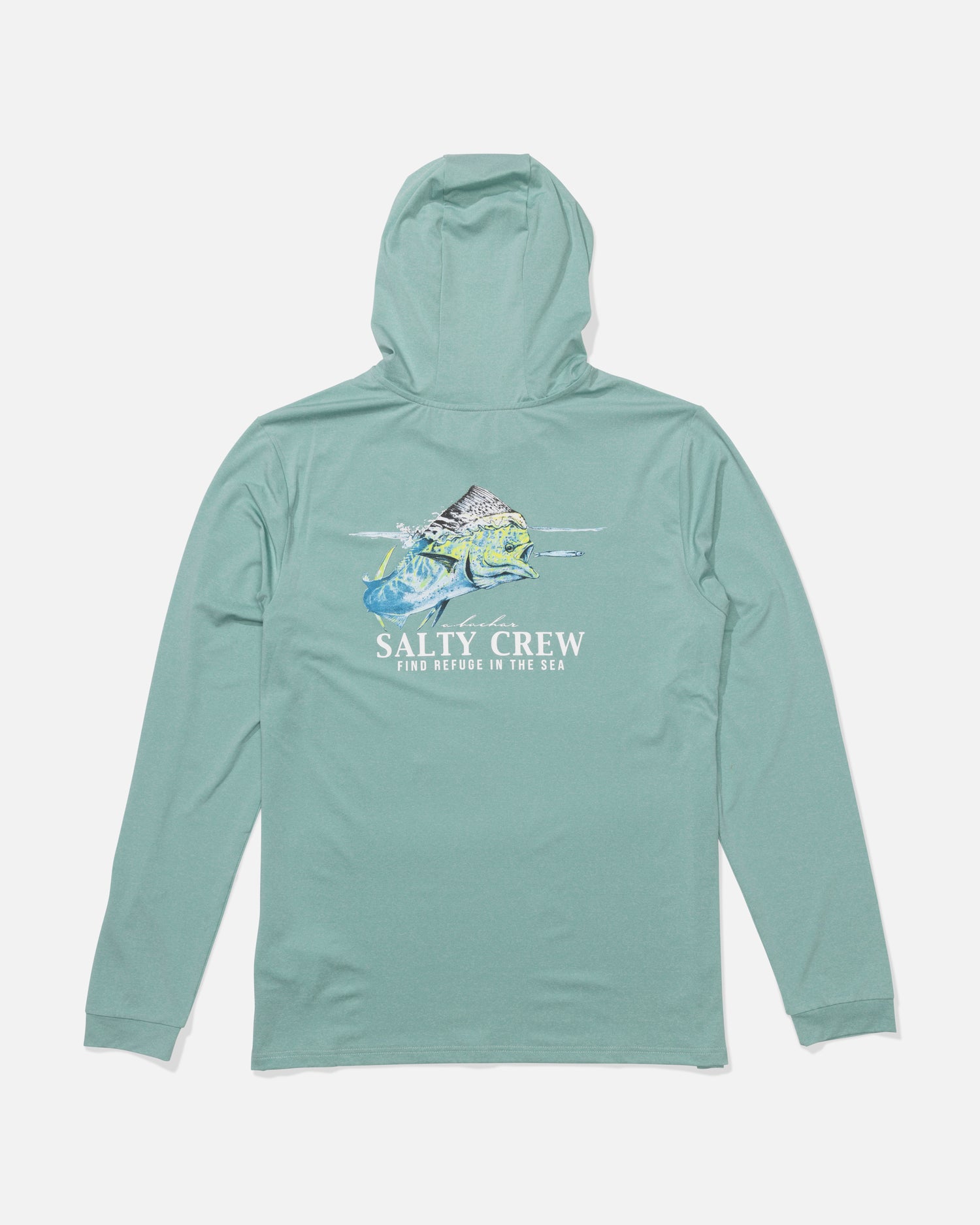 The Salty Crew Surface Hood Sunshirt in Seaside Heather features a light teal color, illustrated fish and waves, "FIND REFUGE IN THE SEA" text on the back, and UPF 50+ protection—perfect sun coverage for days by the water.