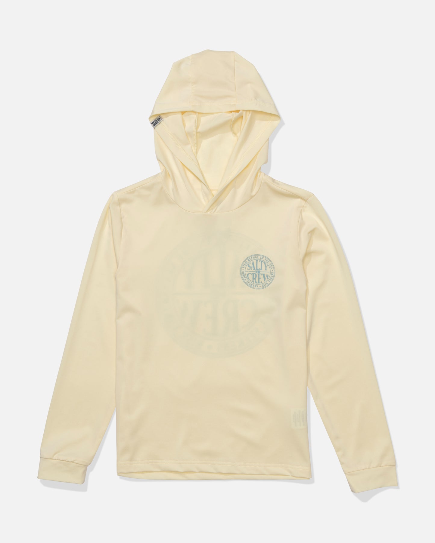 The Salty Crew Global Hood Boys Sunshirt in chartreuse is a light yellow long-sleeve hooded shirt with UPF 50+ protection and a subtle circular logo on the chest, shown laid flat on a white background.