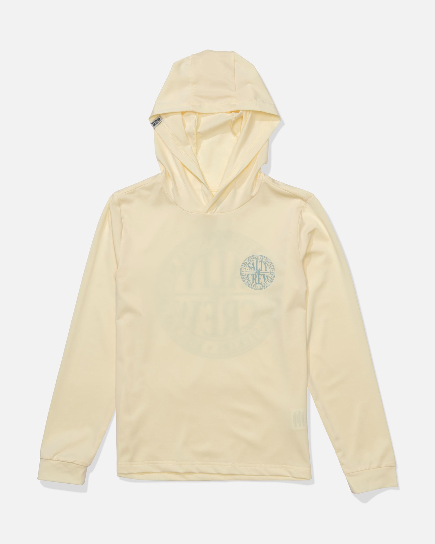 The Salty Crew Global Hood Boys Sunshirt in chartreuse is a light yellow long-sleeve hooded shirt with UPF 50+ protection and a subtle circular logo on the chest, shown laid flat on a white background.