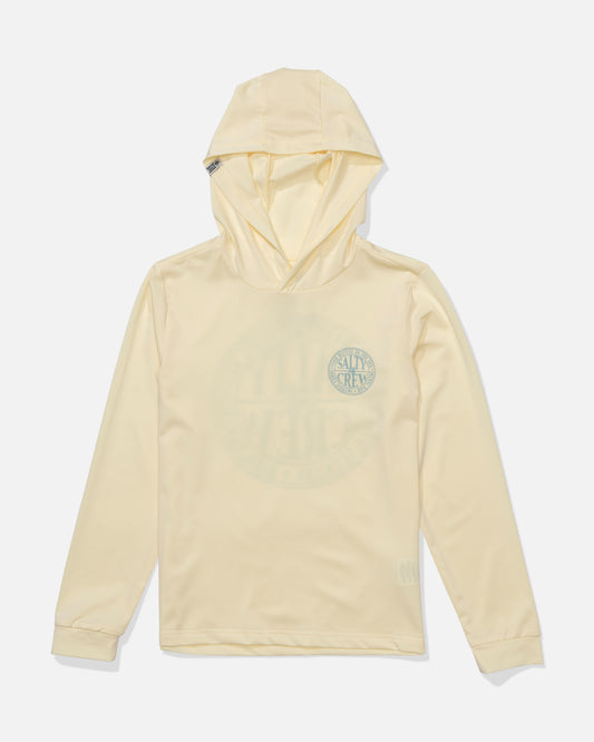 The Salty Crew Global Hood Boys Sunshirt in chartreuse is a light yellow long-sleeve hooded shirt with UPF 50+ protection and a subtle circular logo on the chest, shown laid flat on a white background.