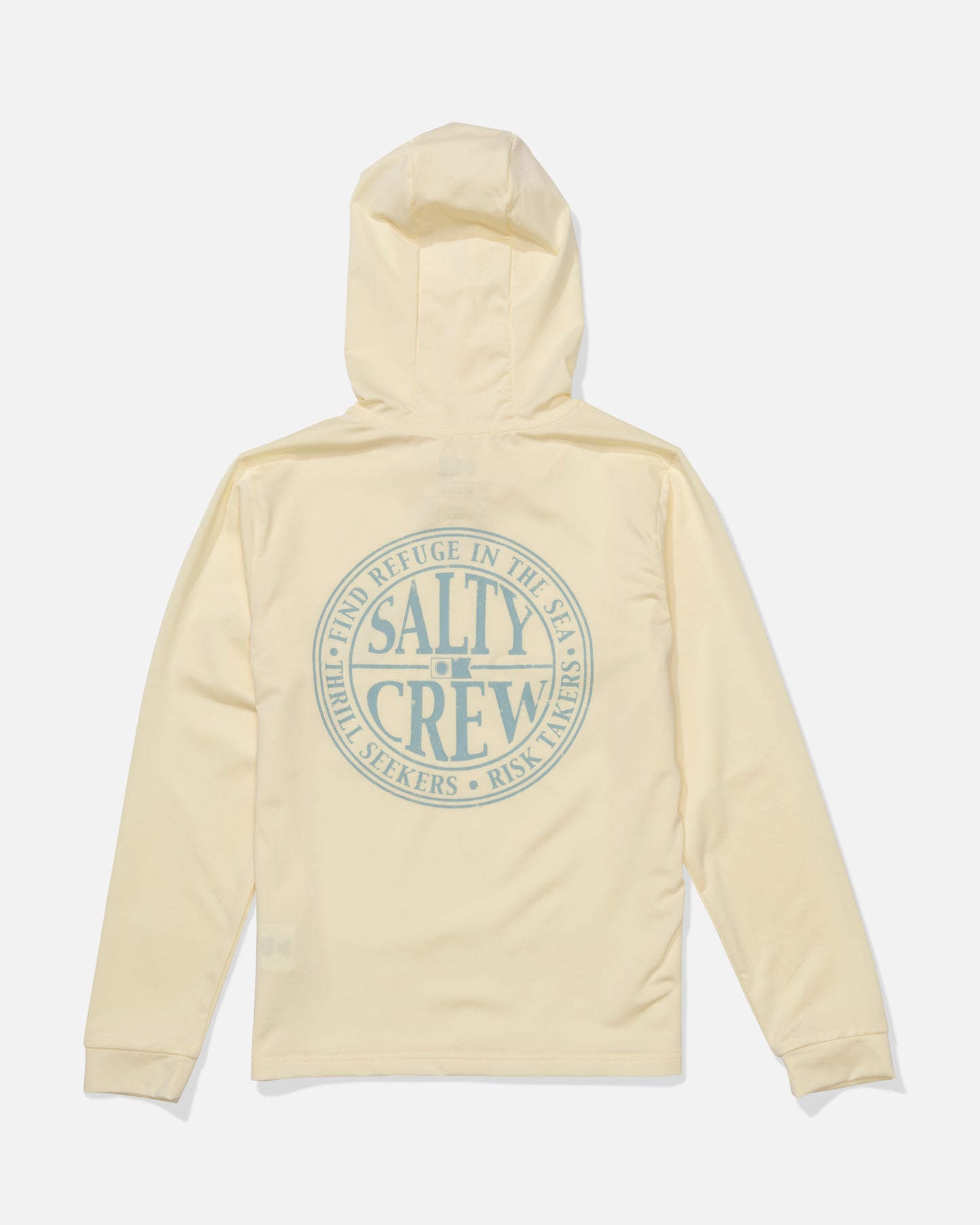 The Salty Crew Global Hood Boys Sunshirt in chartreuse is a light yellow, long-sleeve, UPF 50+ hooded shirt with a circular blue logo and "Find Refuge in the Sea, Thrill Seekers, Risk Takers" on the back.