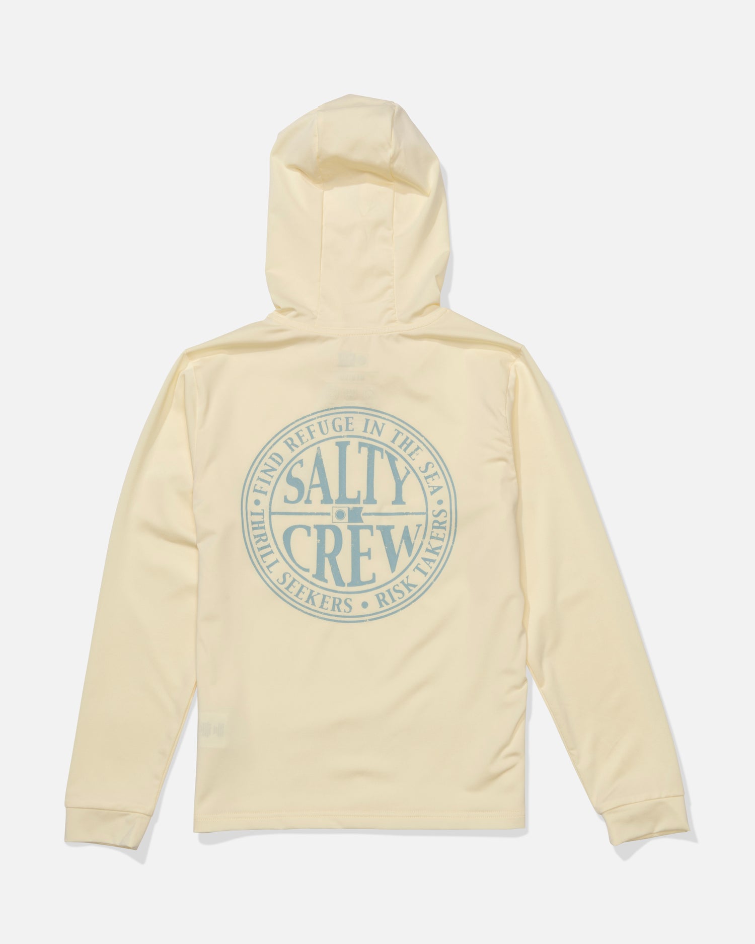The Salty Crew Global Hood Boys Sunshirt in chartreuse is a light yellow, long-sleeve, UPF 50+ hooded shirt with a circular blue logo and "Find Refuge in the Sea, Thrill Seekers, Risk Takers" on the back.