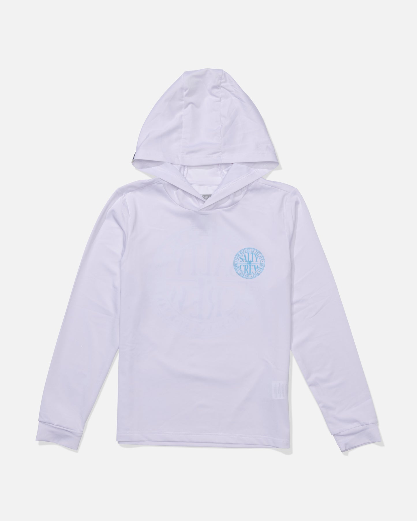 The Salty Crew Global Hood Boys Sunshirt in White/Slate is a long-sleeve hooded shirt with UPF 50+ sun protection and a small blue circular graphic on the left chest, displayed on a white background.