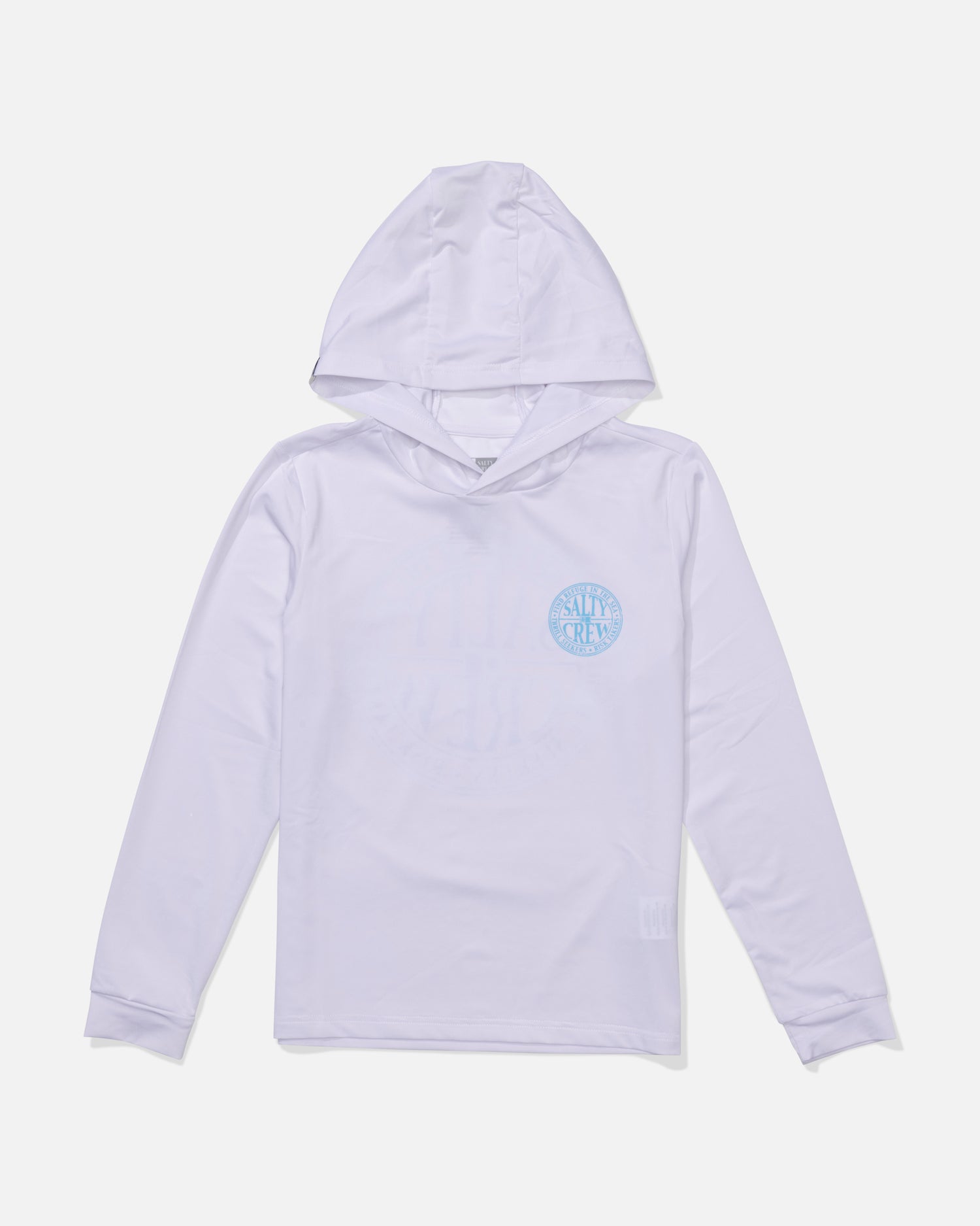 The Salty Crew Global Hood Boys Sunshirt in White/Slate is a long-sleeve hooded shirt with UPF 50+ sun protection and a small blue circular graphic on the left chest, displayed on a white background.
