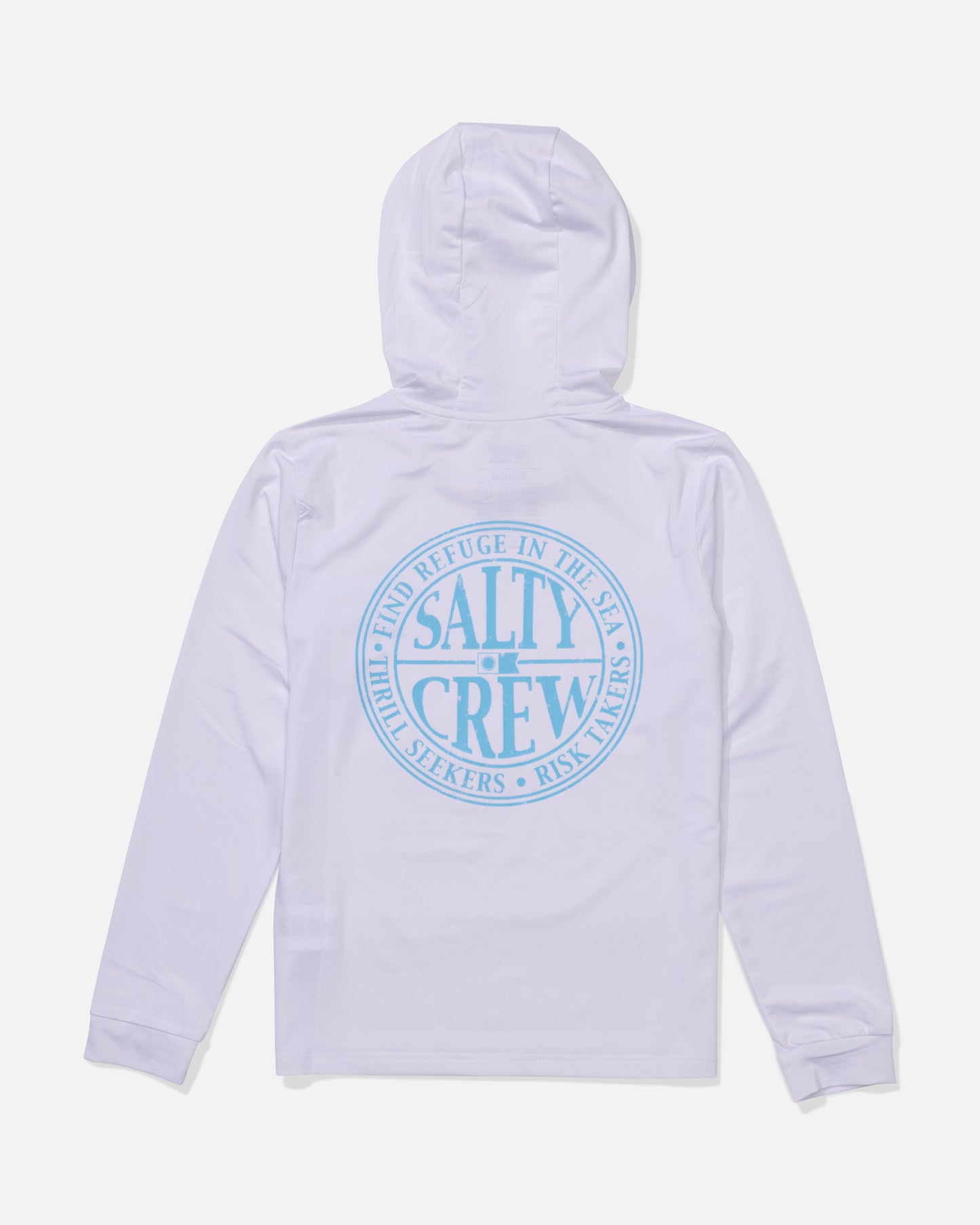 The Salty Crew Global Hood Boys Sunshirt in White/Slate offers UPF 50+ sun protection and features a large blue circular logo with "Find Refuge in the Sea," "Thrill Seekers," and "Risk Takers" printed on the back.