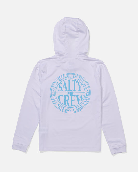 The Salty Crew Global Hood Boys Sunshirt in White/Slate offers UPF 50+ sun protection and features a large blue circular logo with "Find Refuge in the Sea," "Thrill Seekers," and "Risk Takers" printed on the back.