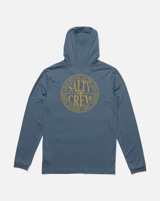 Back view of the Global Hood Sunshirt - Pilot Blue. 