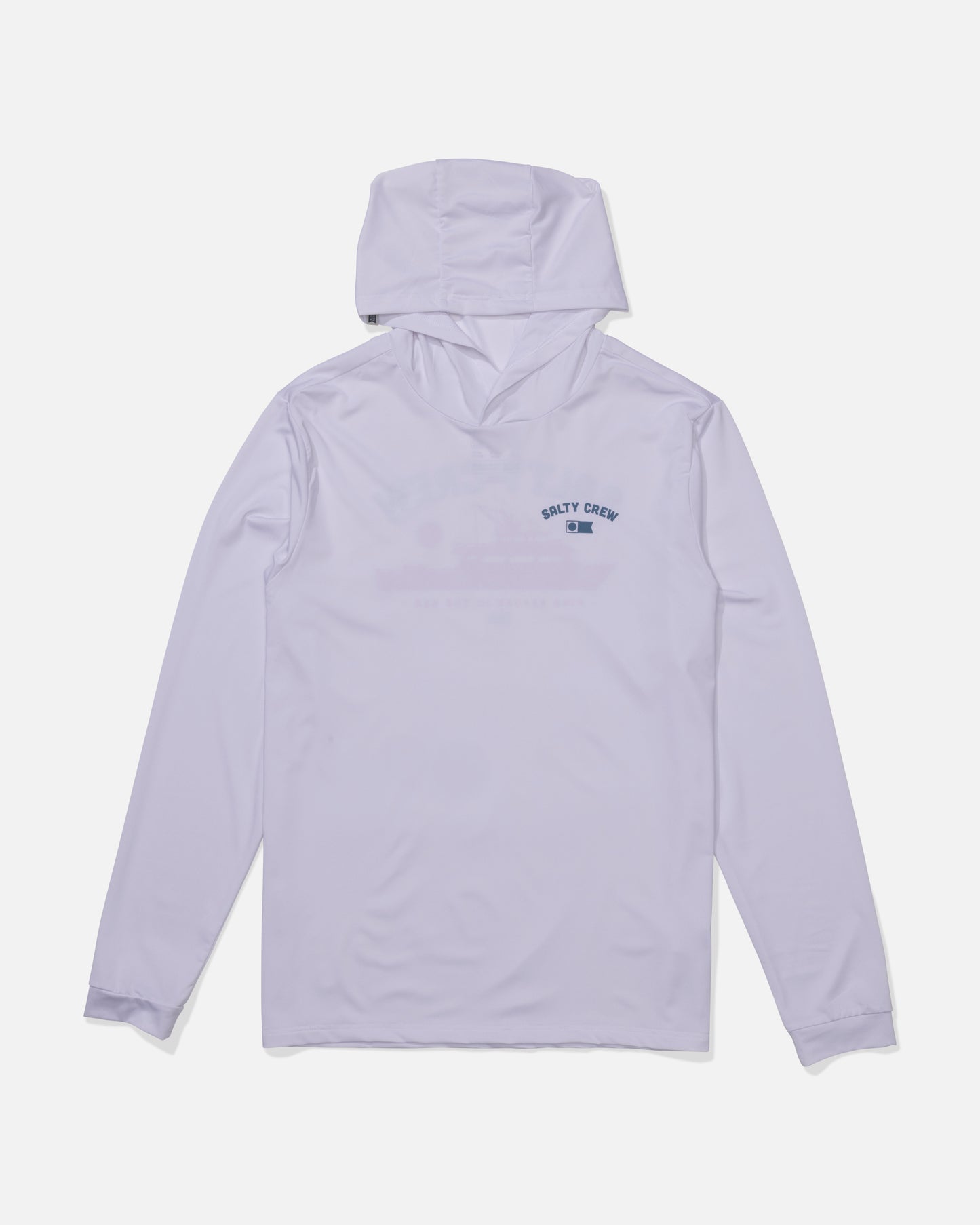 The Salty Crew Overnight Hood Sunshirt in white features UPF 50+ sun protection, a hood, and the Salty Crew logo with small text on the left chest, shown laid flat on a white background.