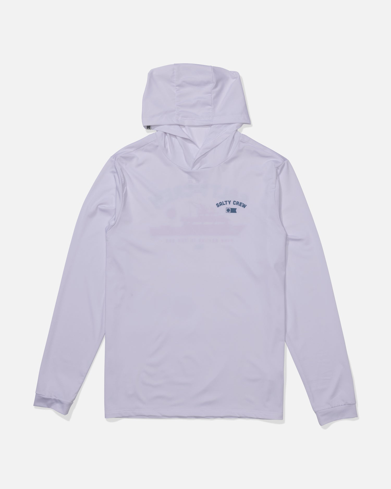 The Salty Crew Overnight Hood Sunshirt in white features UPF 50+ sun protection, a hood, and the Salty Crew logo with small text on the left chest, shown laid flat on a white background.