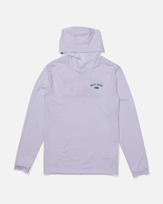 The Salty Crew Overnight Hood Sunshirt in white features UPF 50+ sun protection, a hood, and the Salty Crew logo with small text on the left chest, shown laid flat on a white background.