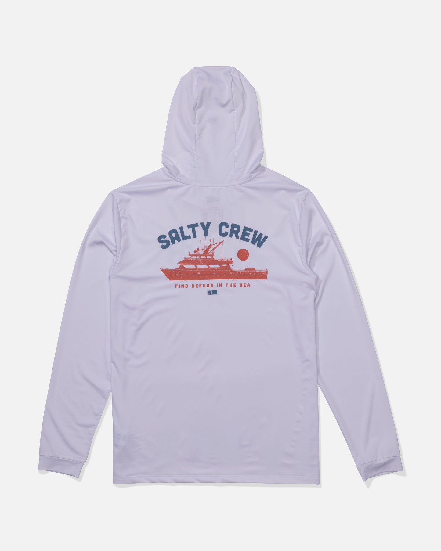The Salty Crew Overnight Hood Sunshirt in White offers UPF 50+ sun protection and features blue "Salty Crew" text above a red fishing boat graphic with "Find Refuge in the Sea" below on the back. Shirt shown laid flat, back facing up.