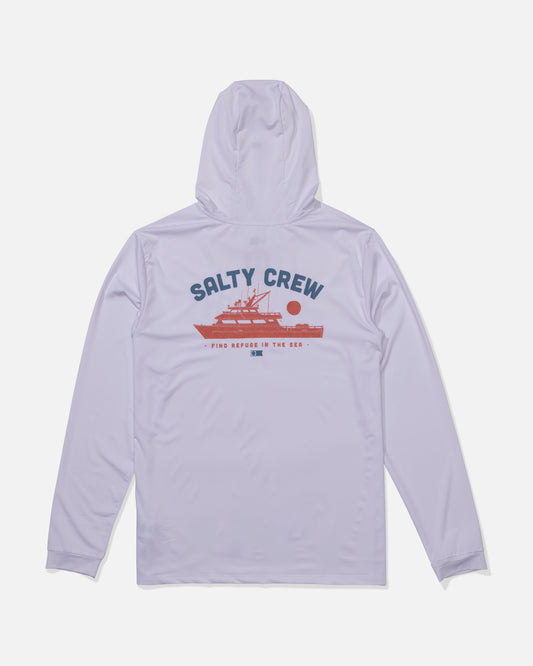 The Salty Crew Overnight Hood Sunshirt in White offers UPF 50+ sun protection and features blue "Salty Crew" text above a red fishing boat graphic with "Find Refuge in the Sea" below on the back. Shirt shown laid flat, back facing up.
