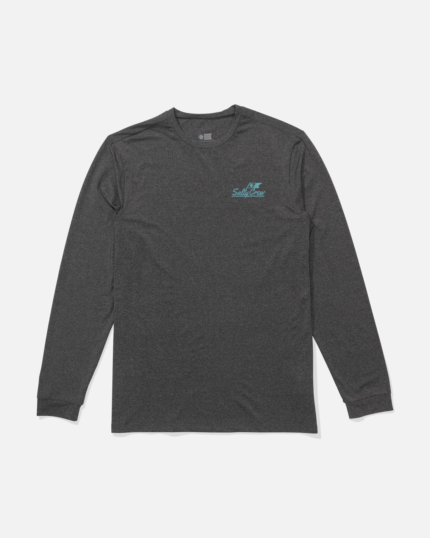 The Salty Crew Original Long Sleeve Sunshirt in Charcoal Heather, made from recycled polyester, features a small light blue logo and text on the left chest. The shirt is shown laid flat on a plain white background.